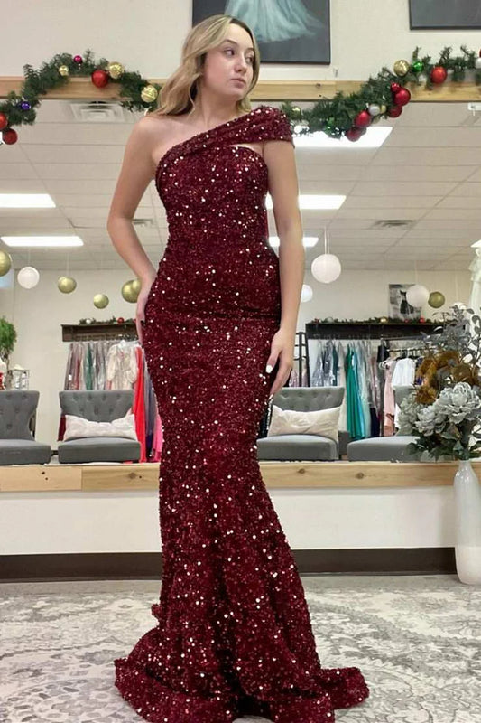 Sequin One-Shoulder Mermaid Long Prom Dress