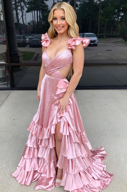 Cutout Ruffle A-Line Long Prom Dress with Slit