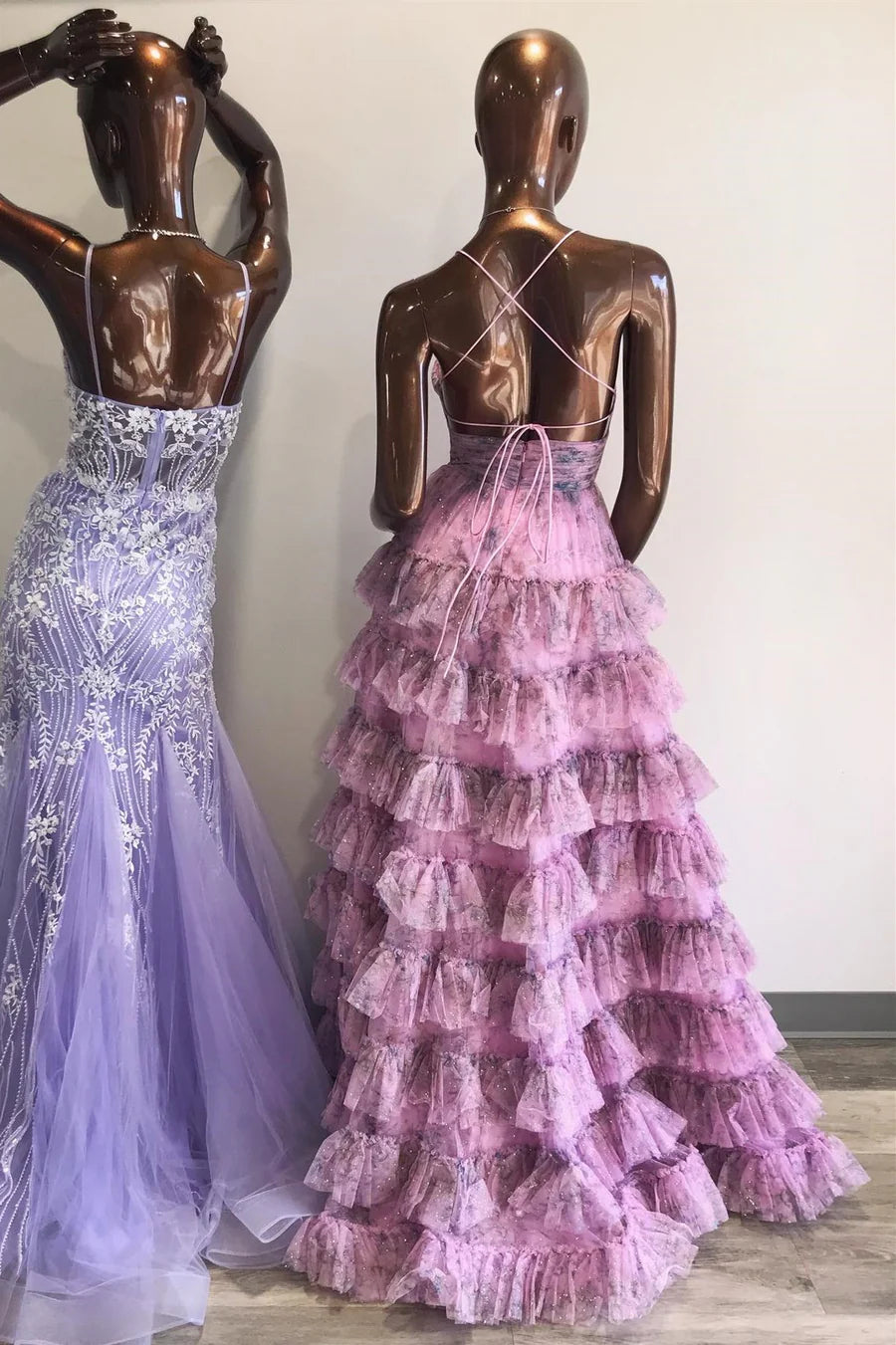 Print Lace-Up Ruffle Tiered Long Prom Dress