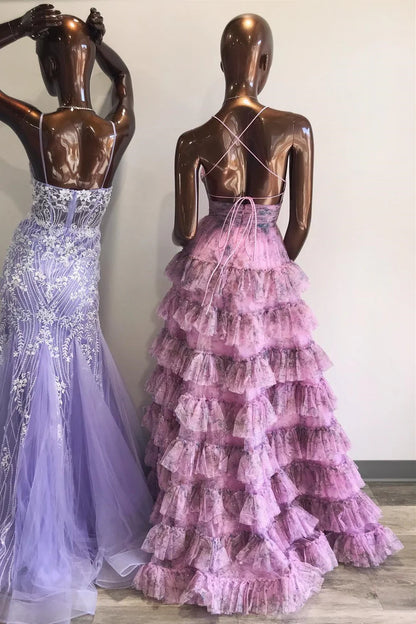 Print Lace-Up Ruffle Tiered Long Prom Dress