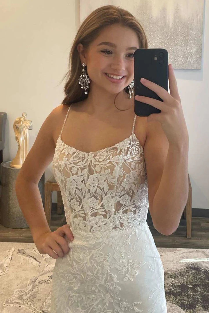Floral Lace Scoop Neck Lace-Up Mermaid Long Prom Dress