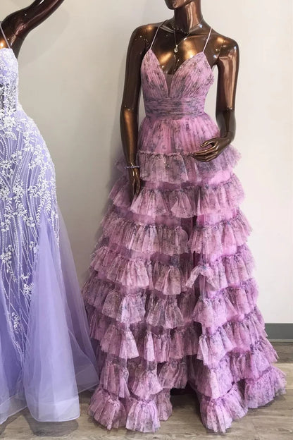 Print Lace-Up Ruffle Tiered Long Prom Dress