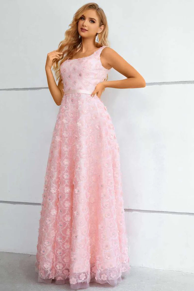 3D Floral Lace Square Neck A-Line Prom Dress