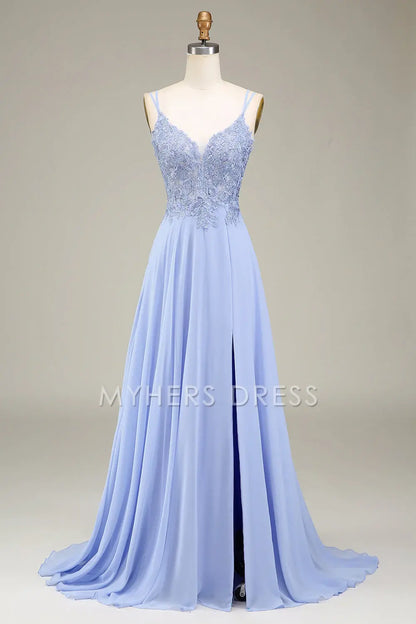My Hers Ladies Formal Dress A-Line Spaghetti Strap Backless Side Fork With Appliques Long Prom Dress