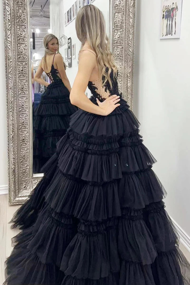 Beaded Spaghetti Strap Ruffle Tiered Ball Gown