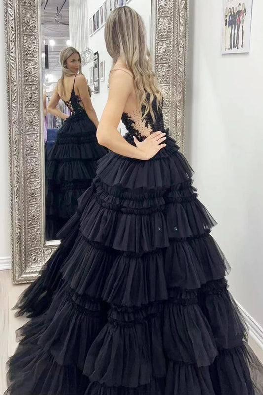 Beaded Spaghetti Strap Ruffle Tiered Ball Gown