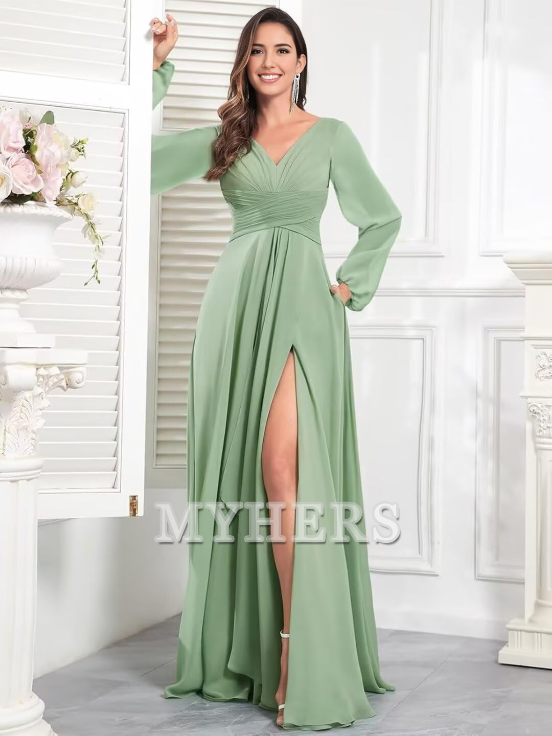 Elegant Chiffon Long Sleeves V Neck Ruffle Side Fork Long Bridesmaid Dresses Wedding Guests Dresses