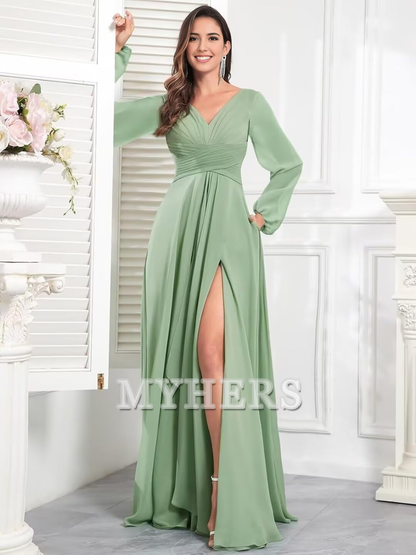 Elegant Chiffon Long Sleeves V Neck Ruffle Side Fork Long Bridesmaid Dresses Wedding Guests Dresses