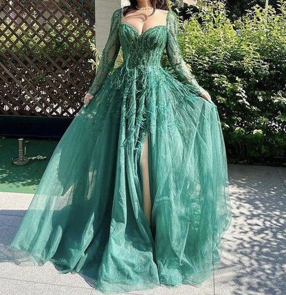A Line Sheath Blue Long Sleeves Prom Dress Long Party Dress Evening Dress With Slit