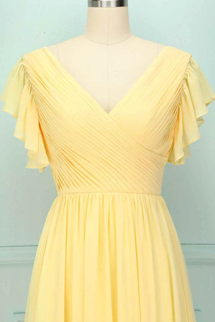 Yellow V-Neck Classic fit Ruffled Pleated Backless Bridesmaid Dress