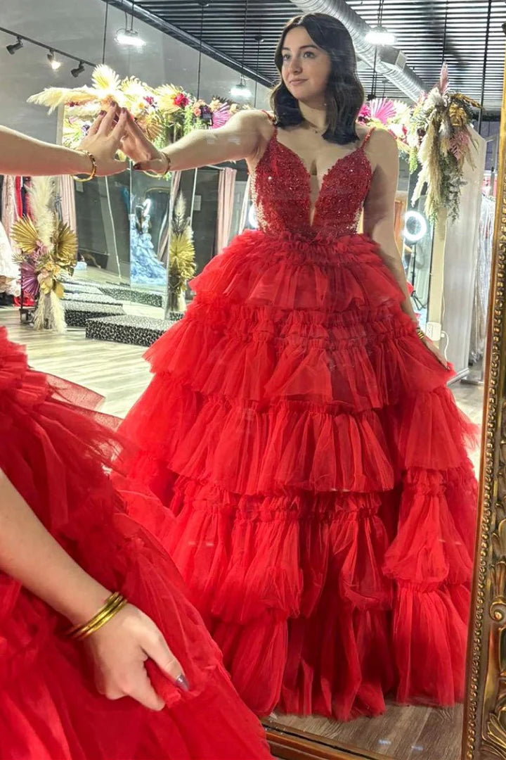 Beaded Spaghetti Strap Ruffle Tiered Ball Gown