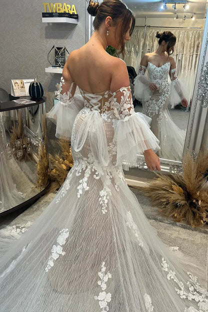 Elegant Mermaid V Neck Off-the-Shoulder Champagne Sparkly Lace Wedding Dress wirh Appliques