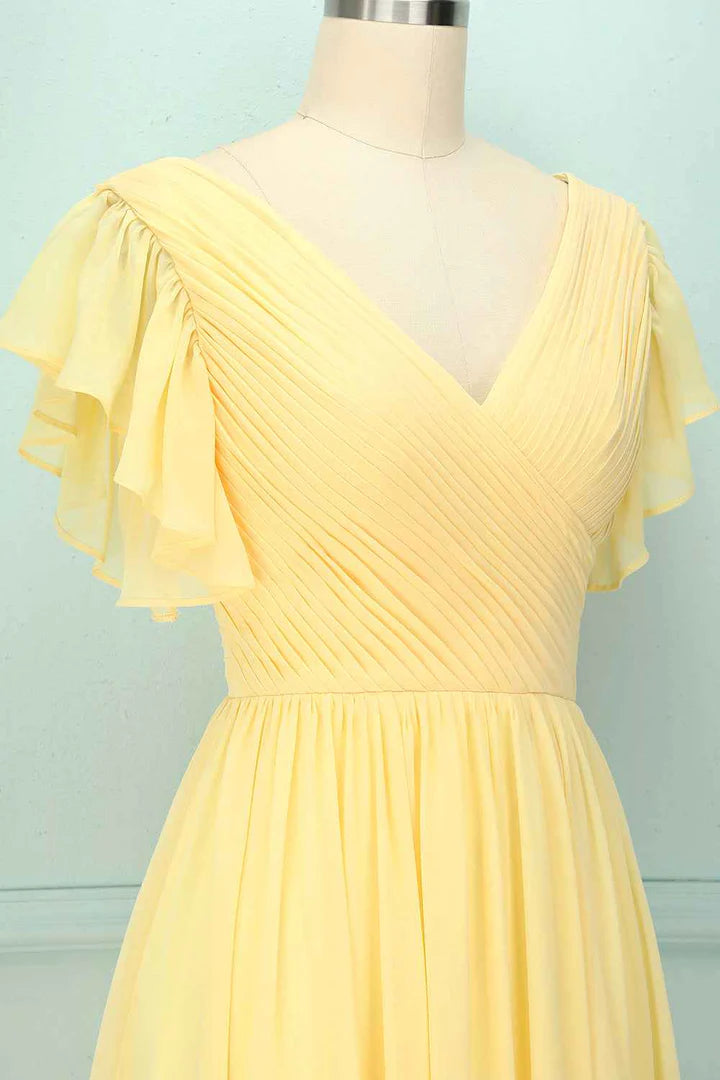 Yellow V-Neck Classic fit Ruffled Pleated Backless Bridesmaid Dress