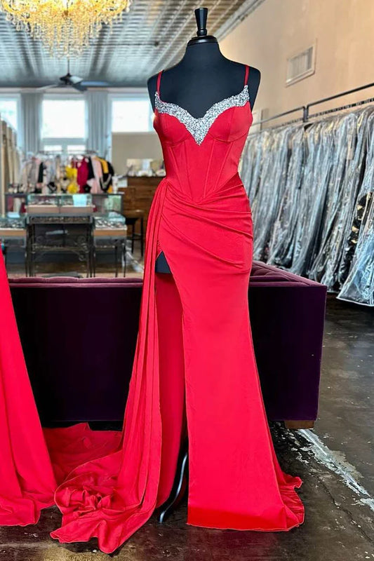 Beaded Queen Anne Neck Straps Long Formal Gown with Attached Train
