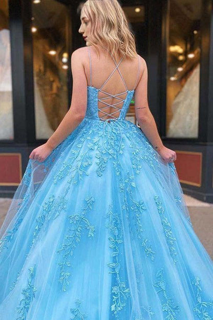 A Line Party Dresses Formal Dresses Spaghetti Straps Sweetheart Long Prom Dress With Appliques