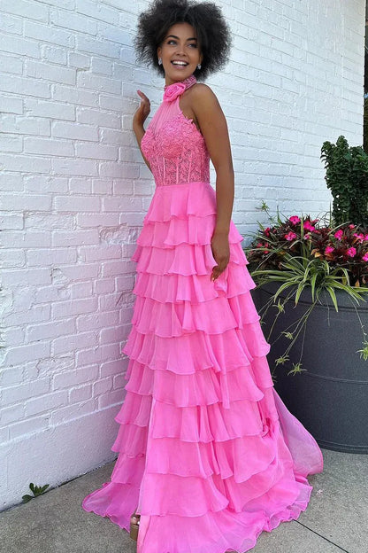 Cute Sheath Halter Neck Pink Chiffon Cupcake Backless Prom Dresses