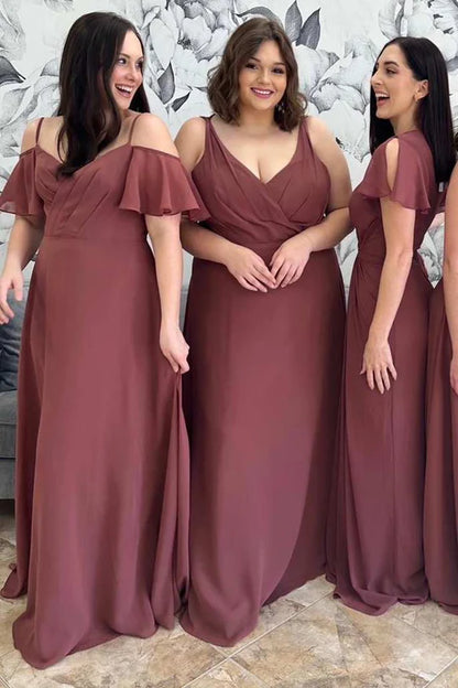 V-Neck/Square neck/Round neck Mismatched Burgundy Chiffon Bridesmaid Dress