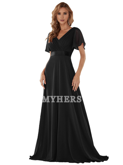 Short Sleeve V-Neck Elegant Simple Floor Length High Quality Bridesmaid Dresses Wedding Guests Dresses