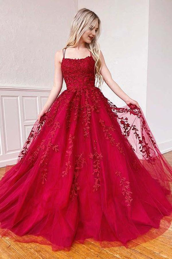 A Line Party Dresses Formal Dresses Spaghetti Straps Sweetheart Long Prom Dress With Appliques