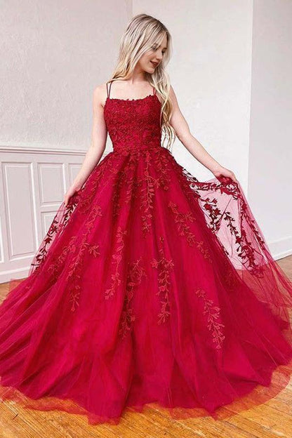 A Line Party Dresses Formal Dresses Spaghetti Straps Sweetheart Long Prom Dress With Appliques