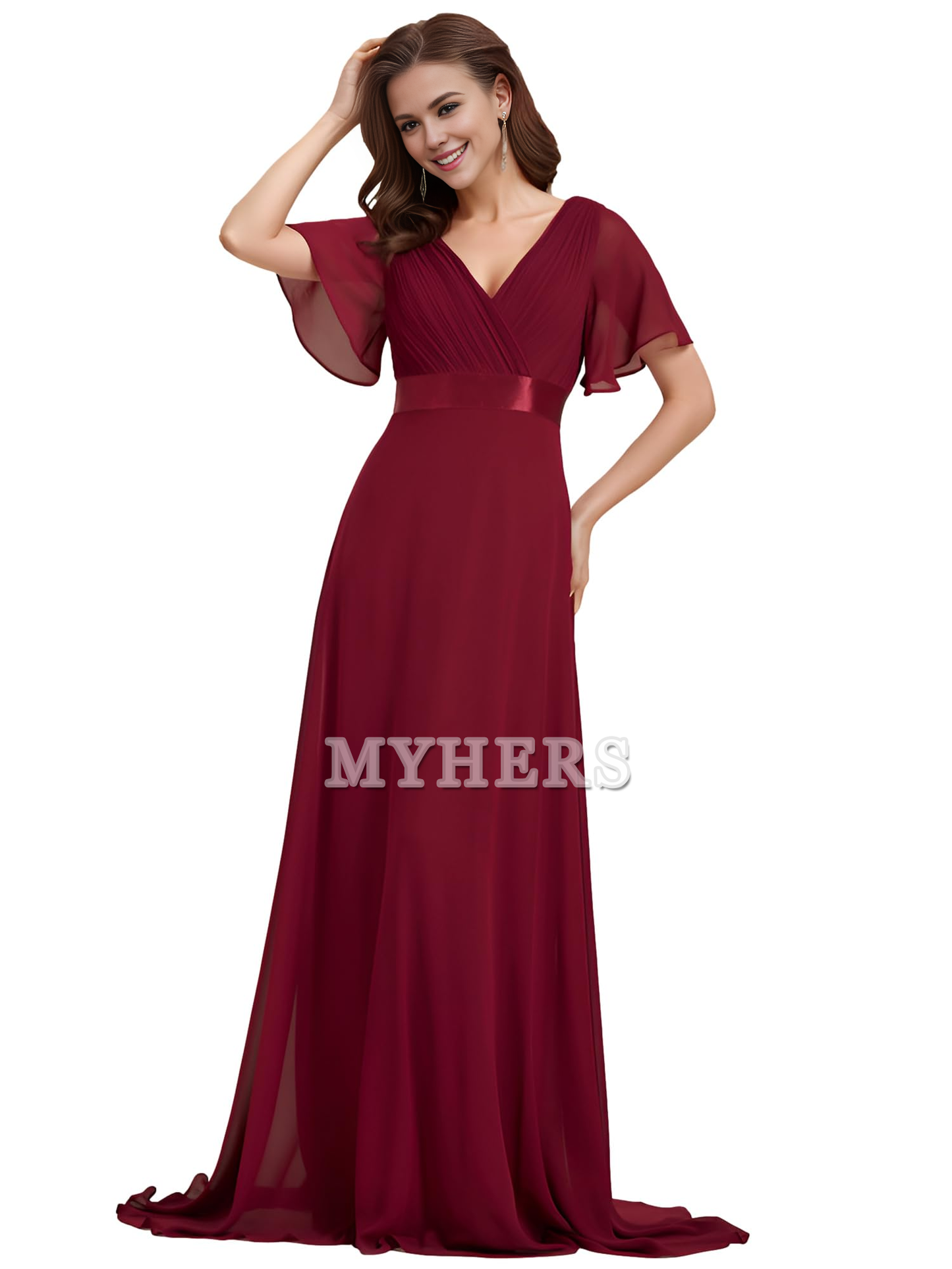 Short Sleeve V-Neck Elegant Simple Floor Length High Quality Bridesmaid Dresses Wedding Guests Dresses
