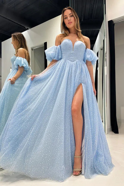 Trendy A Line Off-the-Shoulder Sweetheart Blue Corset Prom Dress with Slit