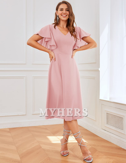 A Line V Neck Short Sleeve Elegant Simple Tea-Length Bridesmaid Dresses Wedding Guests Dresses
