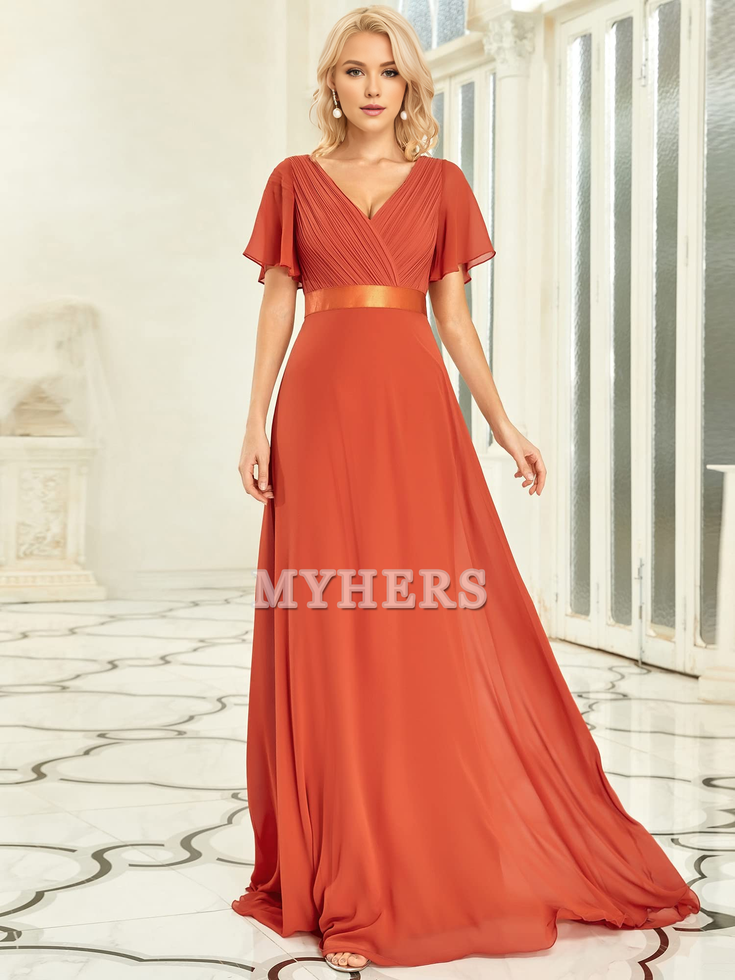 Short Sleeve V-Neck Elegant Simple Floor Length High Quality Bridesmaid Dresses Wedding Guests Dresses