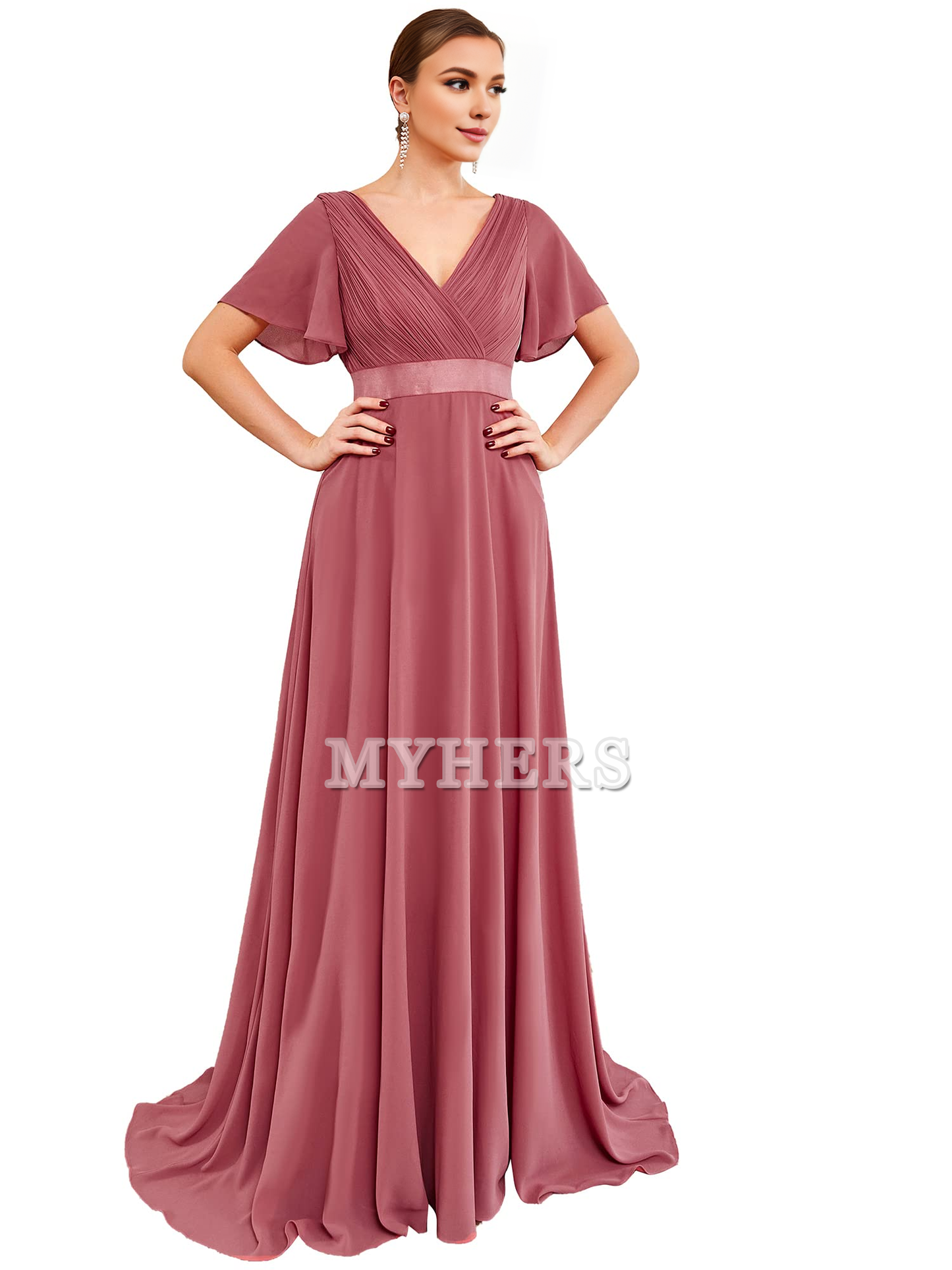 Short Sleeve V-Neck Elegant Simple Floor Length High Quality Bridesmaid Dresses Wedding Guests Dresses