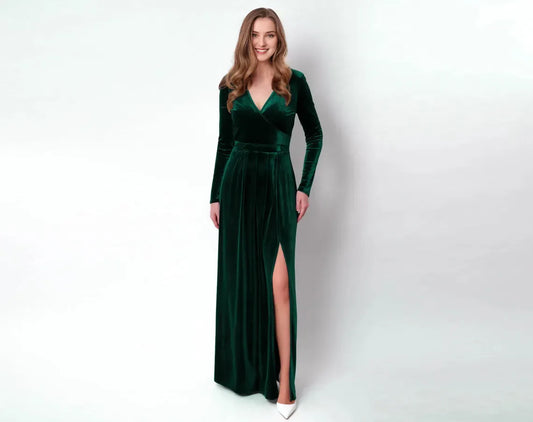 Wedding guest dress long sleeves deep v neck autumn winter velvet long dress split fork bridesmaid dress