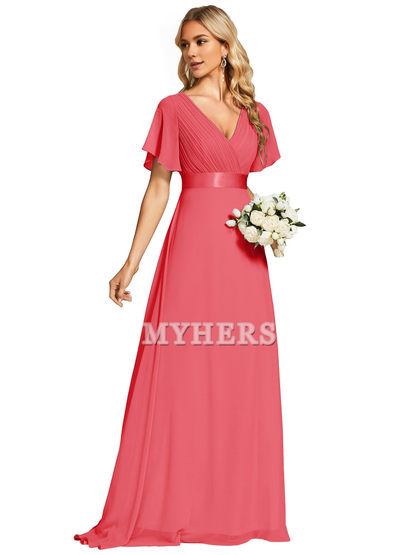 Short Sleeve V-Neck Elegant Simple Floor Length High Quality Bridesmaid Dresses Wedding Guests Dresses