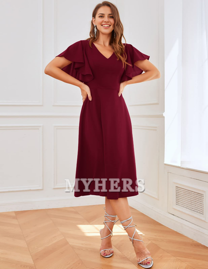 A Line V Neck Short Sleeve Elegant Simple Tea-Length Bridesmaid Dresses Wedding Guests Dresses