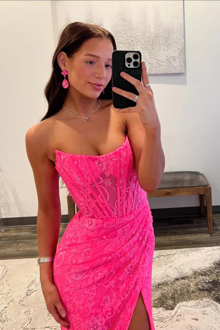 Cute Mermaid Scoop Neck Off-the-Shoulder Hot Pink Lace Long Prom Dress with Slit