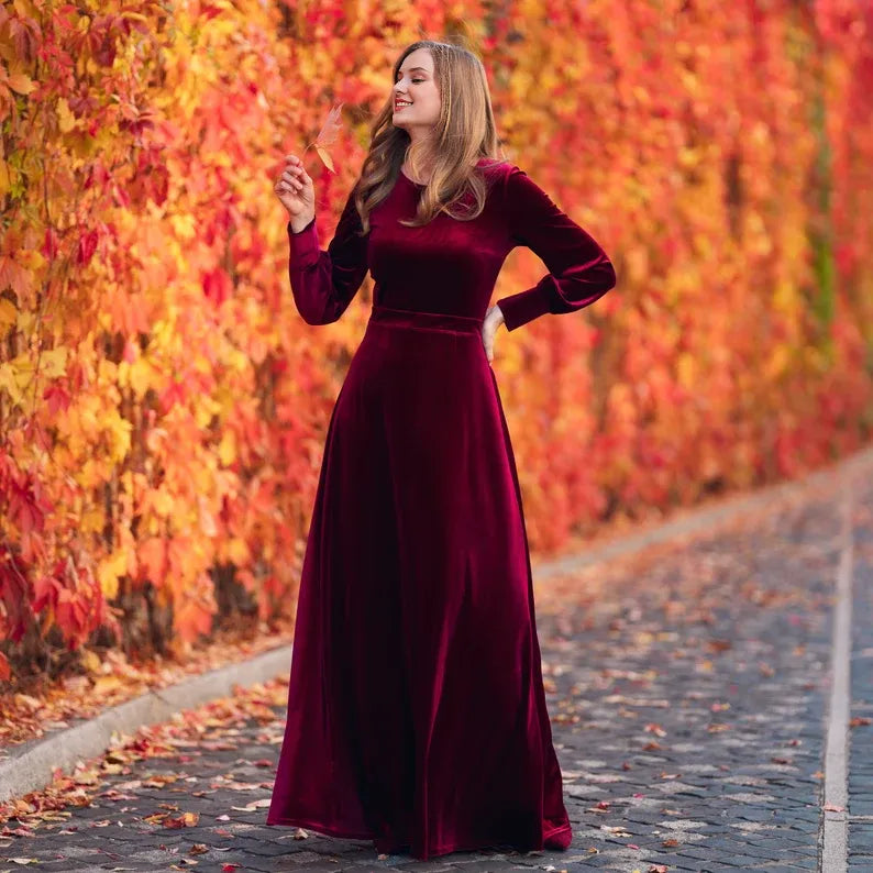 Autumn Winter Dress party Long sleeves Round Neck Velvet Dress Simple Elegant Bridesmaid Dress