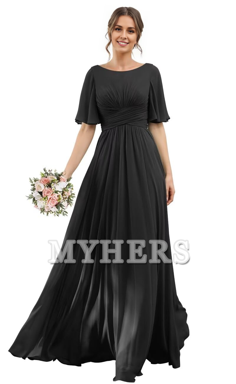 Elegant Flutter Sleeve Chiffon Scoop Neck A-Line Pleated Long Bridesmaid Dresses Wedding Guests Dresses