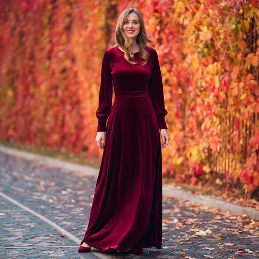 Autumn Winter Dress party Long sleeves Round Neck Velvet Dress Simple Elegant Bridesmaid Dress