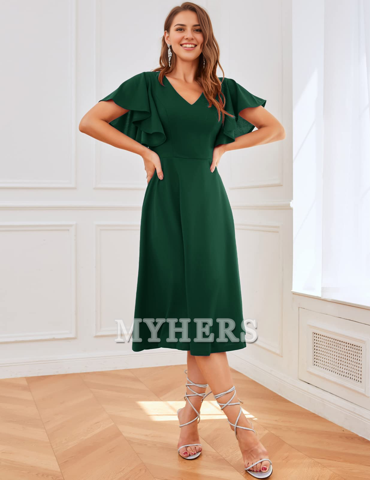 A Line V Neck Short Sleeve Elegant Simple Tea-Length Bridesmaid Dresses Wedding Guests Dresses