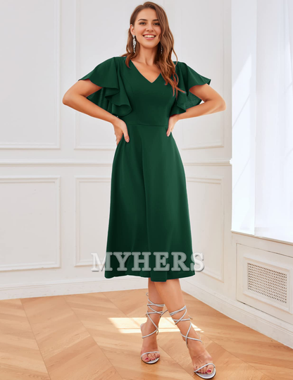 A Line V Neck Short Sleeve Elegant Simple Tea-Length Bridesmaid Dresses Wedding Guests Dresses