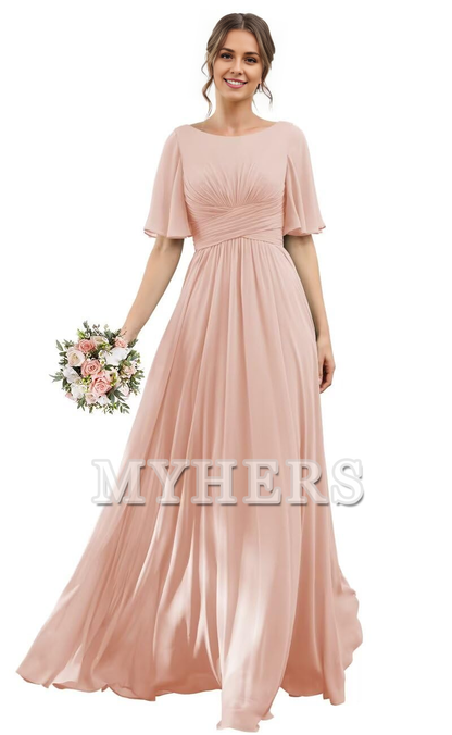 Elegant Flutter Sleeve Chiffon Scoop Neck A-Line Pleated Long Bridesmaid Dresses Wedding Guests Dresses