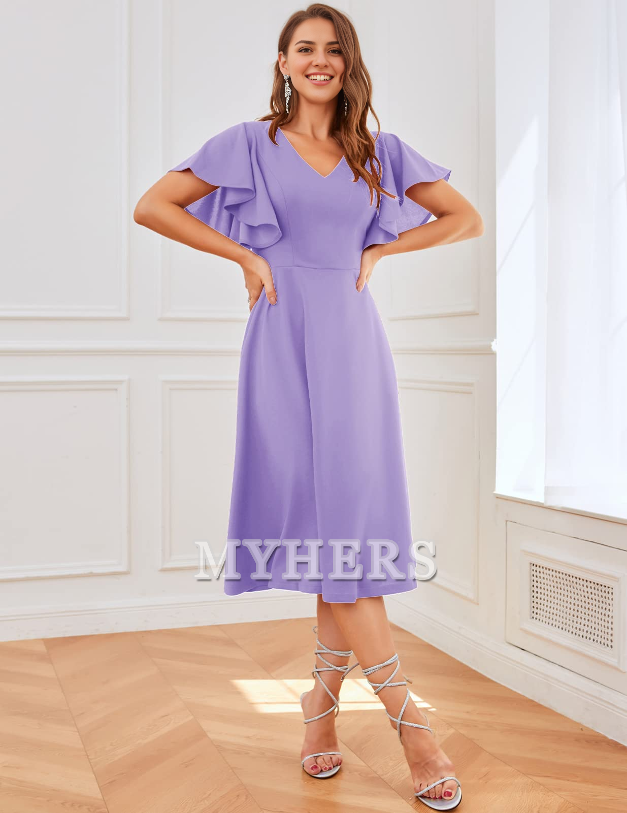 A Line V Neck Short Sleeve Elegant Simple Tea-Length Bridesmaid Dresses Wedding Guests Dresses