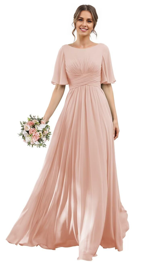 Elegant Flutter Sleeve Chiffon Scoop Neck A-Line Pleated Long Bridesmaid Dresses Wedding Guests Dresses