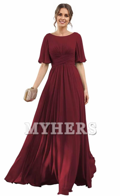 Elegant Flutter Sleeve Chiffon Scoop Neck A-Line Pleated Long Bridesmaid Dresses Wedding Guests Dresses