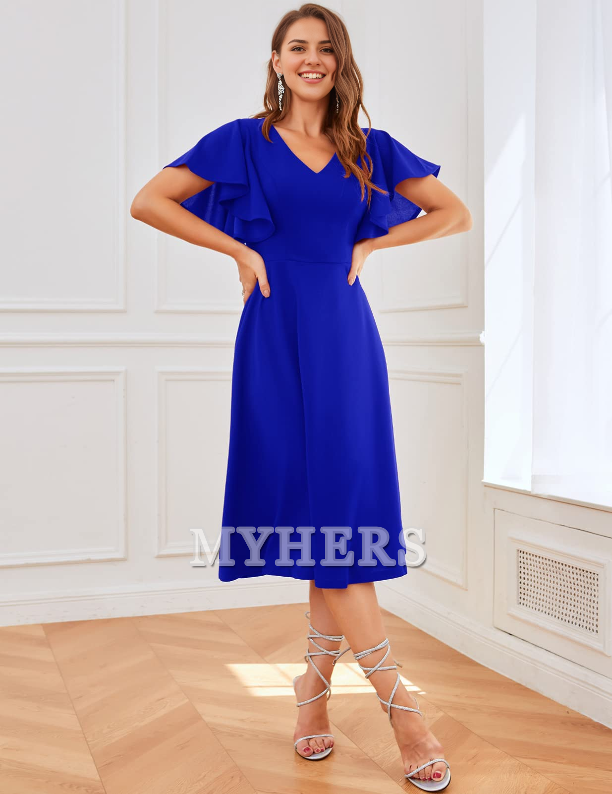 A Line V Neck Short Sleeve Elegant Simple Tea-Length Bridesmaid Dresses Wedding Guests Dresses