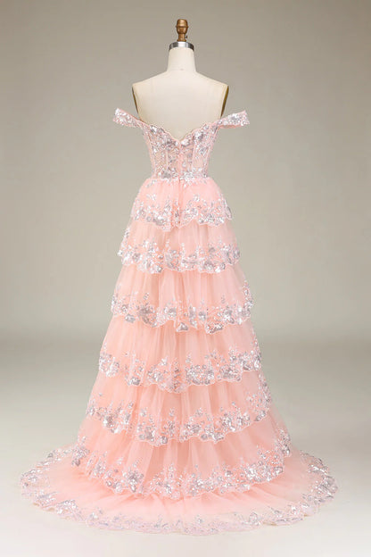 Blush A-Line Off-the-Shoulder Tulle Tiered Split Fork Floor-Length Prom Dress ﻿