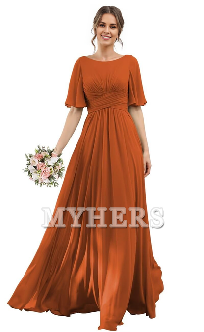Elegant Flutter Sleeve Chiffon Scoop Neck A-Line Pleated Long Bridesmaid Dresses Wedding Guests Dresses