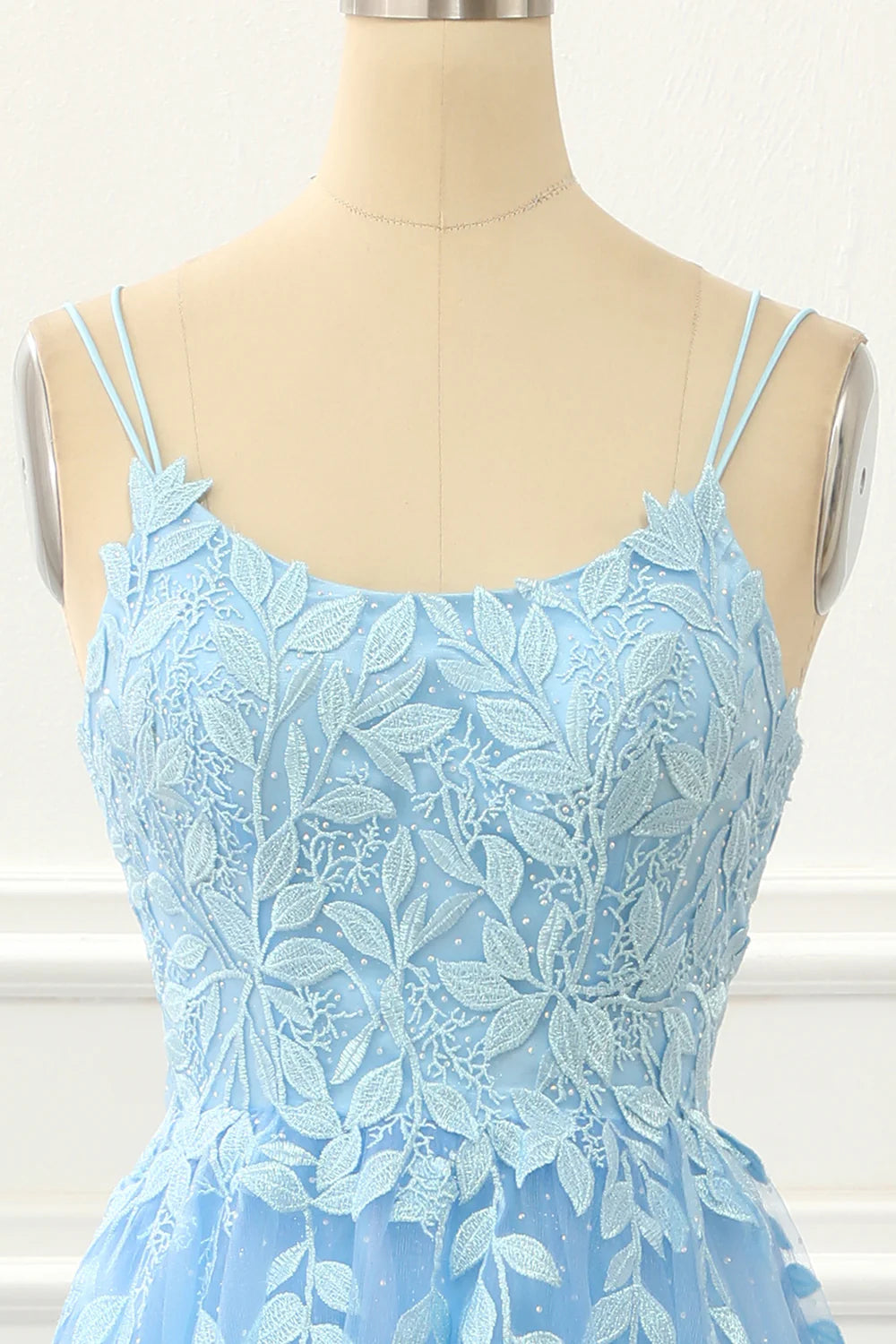 Blue Tulle Spaghetti Strap Lace-up Back A Line Prom Dress with Appliques