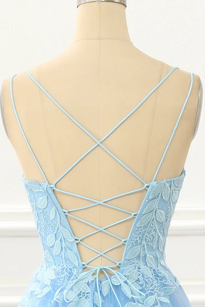 Blue Tulle Spaghetti Strap Lace-up Back A Line Prom Dress with Appliques