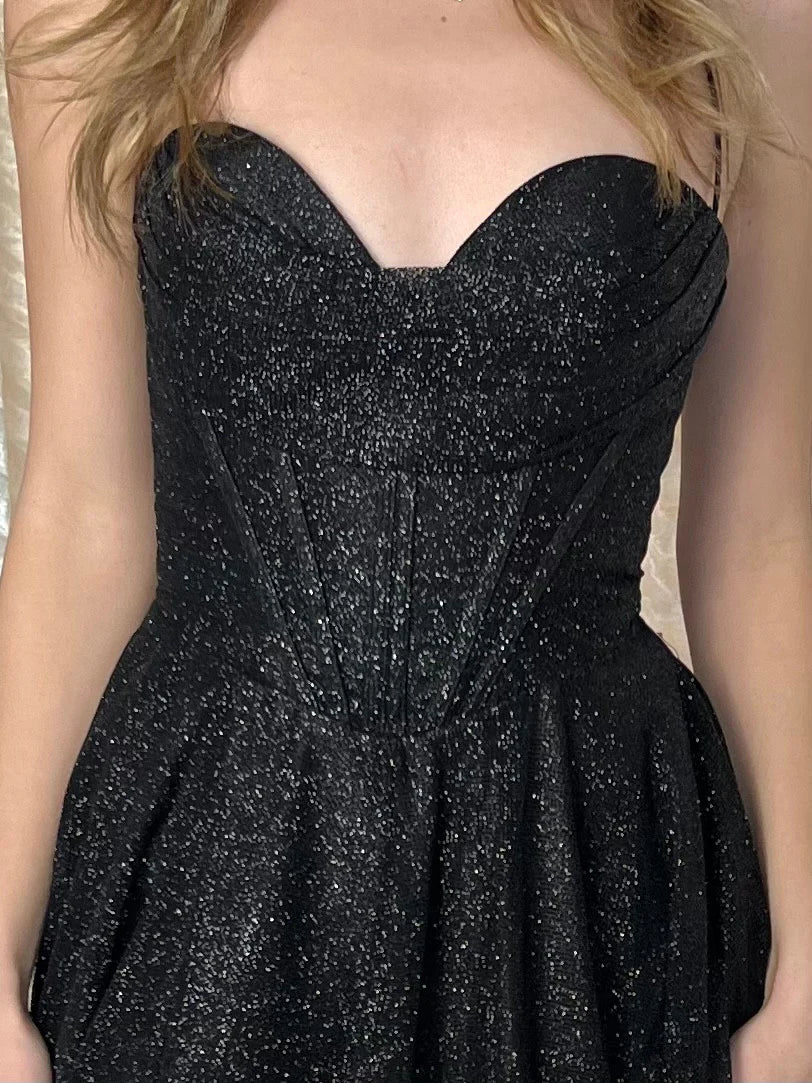 Wedding Guest Dress Fitted Corset Delicate Spaghetti Straps Back Lace Up Side Fork Black Formal Dress Evening Dress