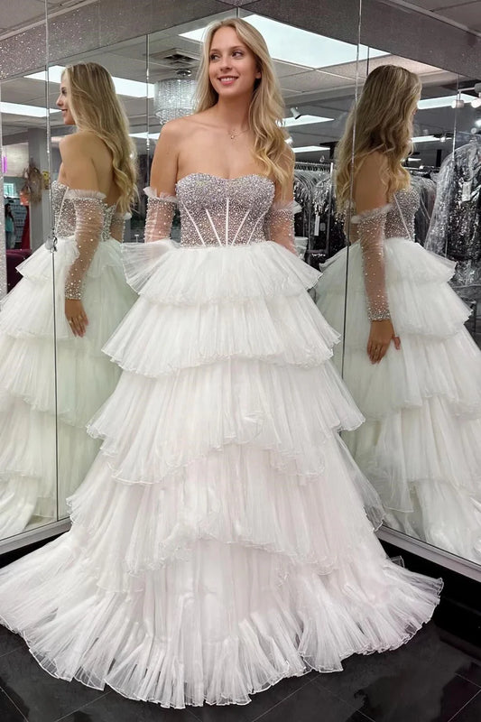 Beaded Sweetheart Tiered Long Gown with Detachable Sleeves