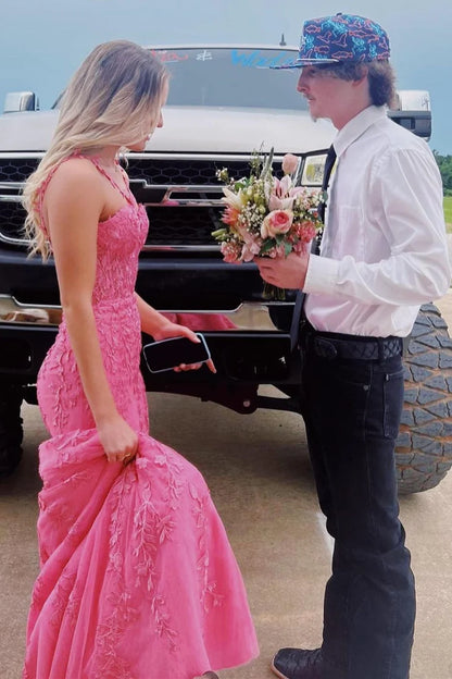Halter Flower Straps Appliques Mermaid Long Prom Dress